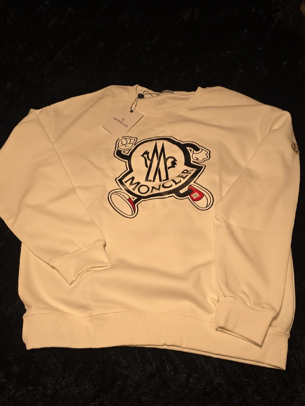 Moncler Men’s Cream Crewneck with Embroidered Logo Patch